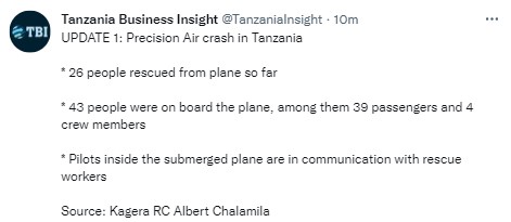 Самолет авиакомпании Precision Air потерпел крушение в Танзании и упал в озеро Виктория