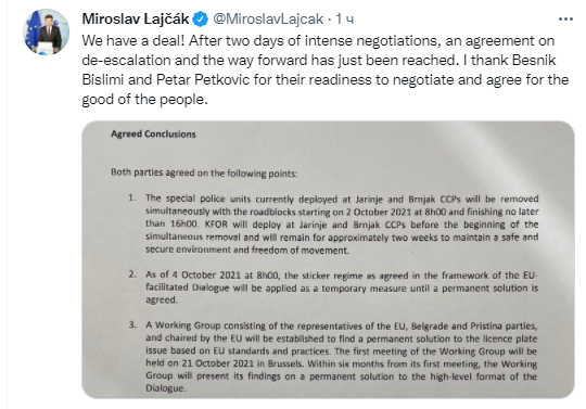Сербия и Косово пришли к соглашению. Скриншот из твиттера Мирослава Лайчака
