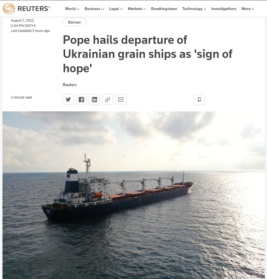 Папа Римский назвал "знаком надежды" отправку судов с зерном из Украины
