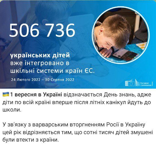 В Еврокомиссии сообщили, что более полмиллиона детей, выехавших из Украины из-за войны, уже интегрировались в системы стран ЕС