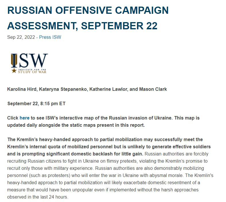 В ISW сообщают, что по их мнению, обмен пленными с Украиной и объявление мобилизации в РФ состоялись в один день, чтобы приуменьшить значение обмена