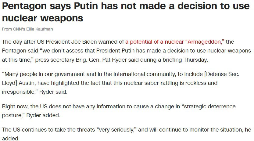 В Пентагоне заявили, что Путин не принимал решение о применении ядерного оружия