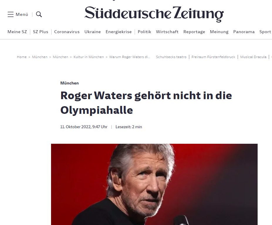 Газета Suddeutsche Zeitung сообщила о том, что Власти Мюнхена могут отменить запланированный на 21 мая 2023 года концерт Роджера Уотерса из-за его позиции по Украине и Израилю