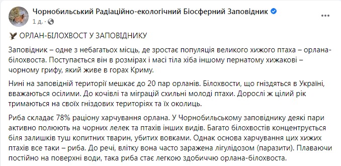 Скриншот из Фейсбука Чернобыльского заповедника