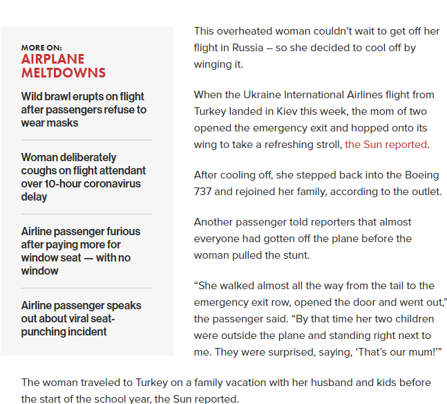 Скриншот заметки о женщине на крыле самолета издания New York Post