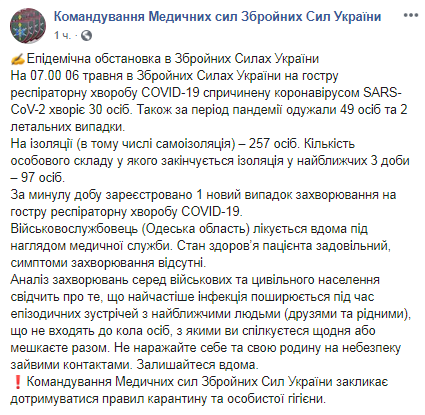 Коронавирус в ВСУ. Скриншот Facebook-страницы Командования Медсил