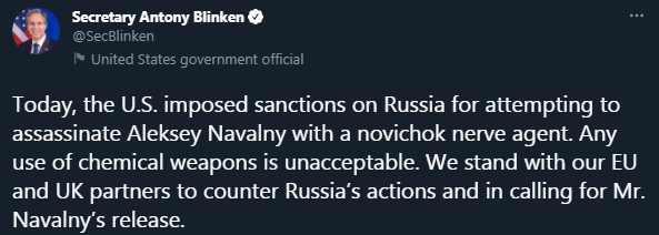 Блинкен - о новых санкциях против России. Скриншот твиттера