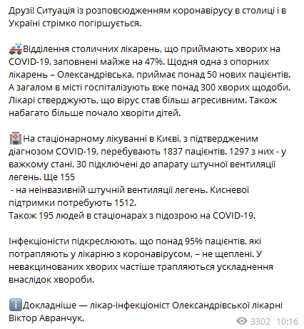 В Киеве ухудшается ситуация с коронавирусом. Скриншот сообщения Кличко