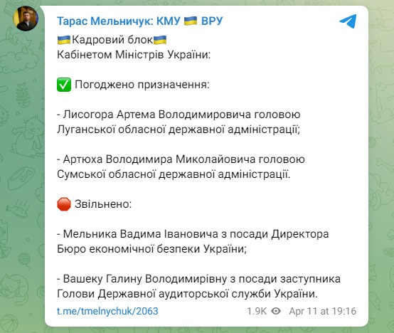 Скриншот из Телеграм Тараса Мельничука