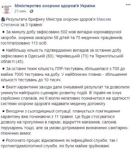 Данные на 3 мая по Одесской области. Facebook Максима Степанова