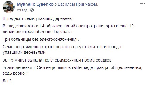  В Днепре за 15 минут выпала полуторамесячная норма осадков. Скриншот: Facebook/Михаил Лысенко