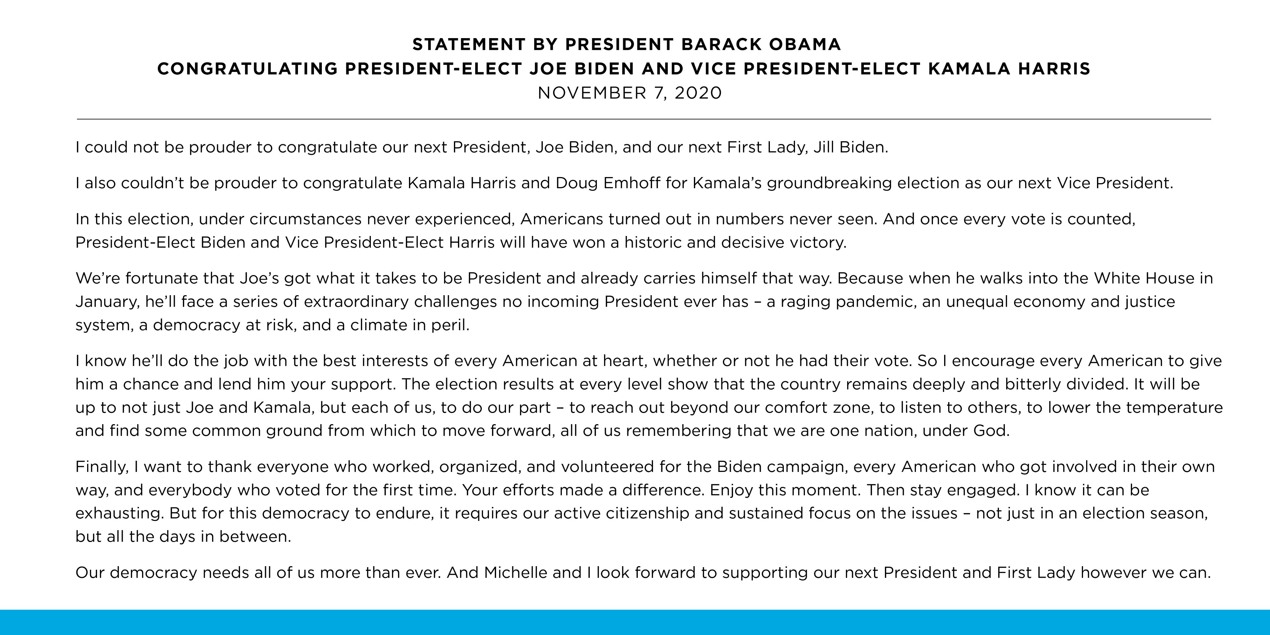 "Нам повезло". Обама отреагировал на победу Байдена на президентских выборах в США. Скриншот: Твиттер