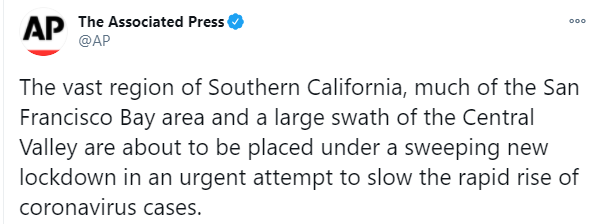 Почти 30 миллионов жителей Калифорнии встретят Рождество в условиях жесткого локдауна. Скриншот: AP в Твиттере