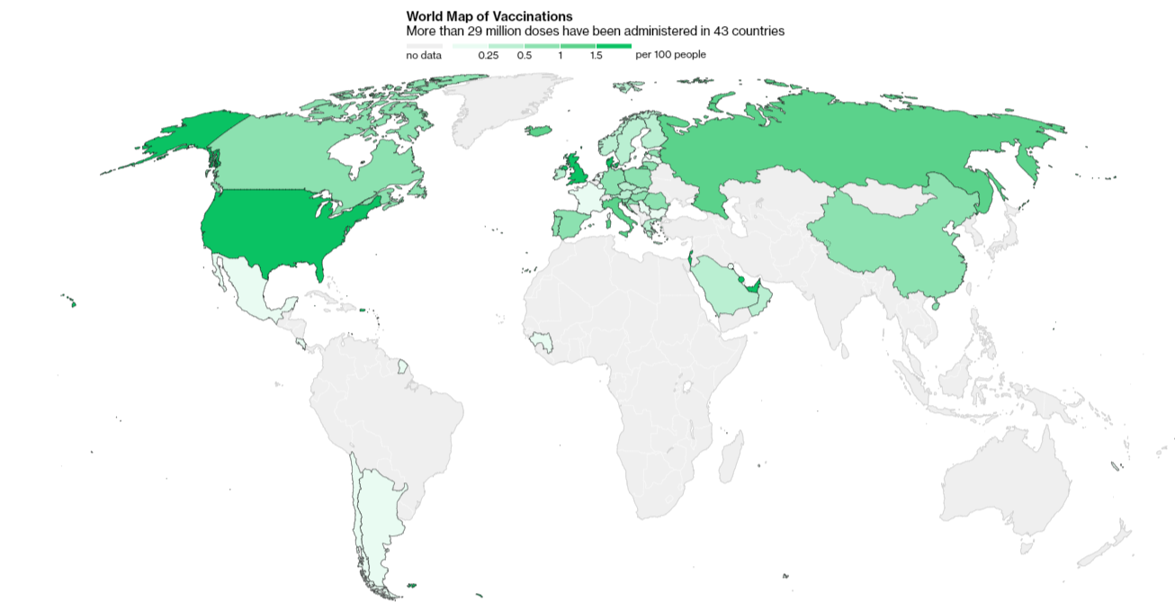 "Спутник V" опередил по популярности в мире все китайские вакцины от Covid-19. Инфографика: Блумберг