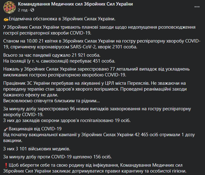 От коронавируса скончался украинский военный. Число летальных случаев выросло до 77
