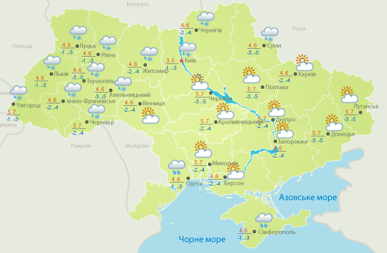 По всей Украине ночью будут морозы. Карта: Укргидрометцентр