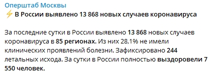 В России зафиксировали два новых коронавирусных антирекорда. Скриншот: Telegram-канал/ Оперштаб Москвы