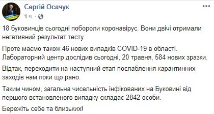 В Черновицкой области почти 50 новых заражений коронавирусом