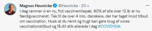 В Дании вакцинирована большая часть взрослого населения. Скриншот из твиттера министра здравоохранения Магнуса Хеунике