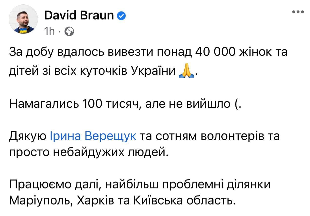 За 9 марта удалось эвакуировать по гуманитарным коридорам 40 тысяч человек