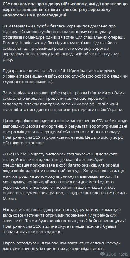 СБУ повідомила про підозру розвіднику Роману Червінському