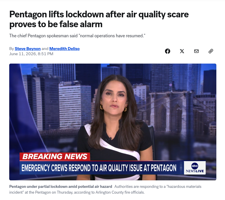 Знімок заголовка на abcnews.go.com &ndash; Пентагон частково евакуйований після інциденту з небезпечними речовинами