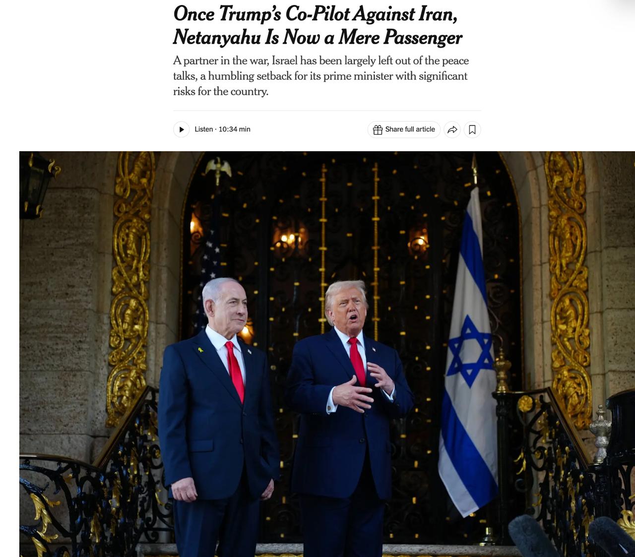 Снимок заголовка на nytimes.com – Трамп отстранил Израиль от переговоров с Ираном