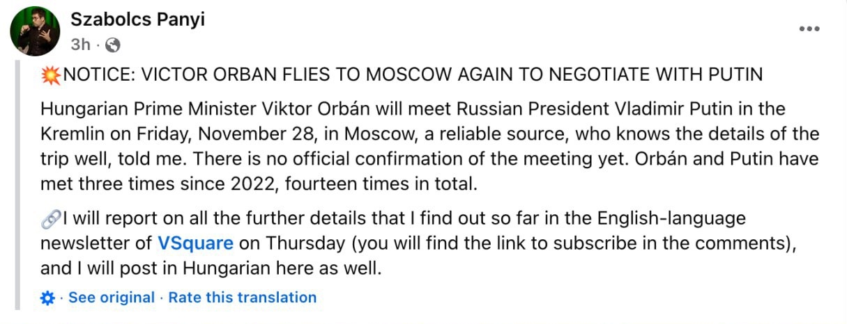 Снимок сообщения в Фейсбуке - Орбан собирается встретиться с Путиным  