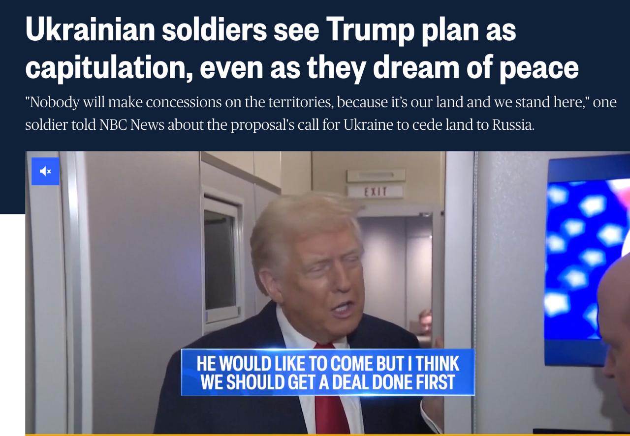 Знімок заголовка наnbcnews.com - службовці ЗСУ проти виведення з Донецької області згідно з мирним планом Трампа