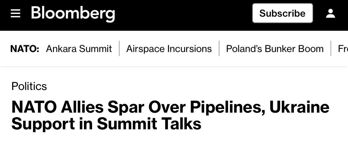 Снимок заголовка на bloomberg.com – Италия блокирует согласование помощи НАТО Украине