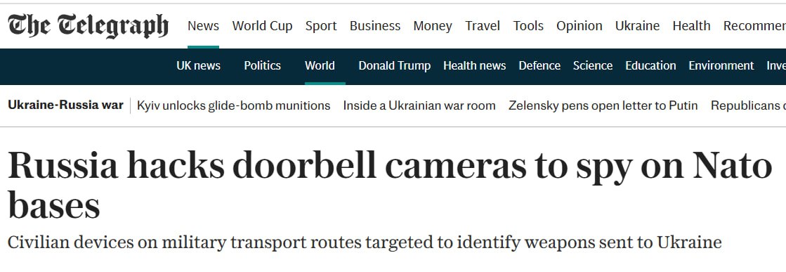 Снимок заголовка на telegraph.co.uk – Российские хакеры взломали камеры на маршрутах НАТО
