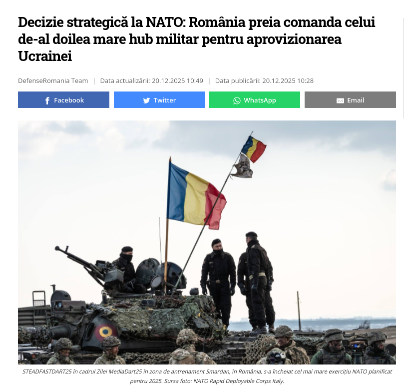 НАТО відкриє другий логістичний хаб для постачання України зброєю на території Румунії.