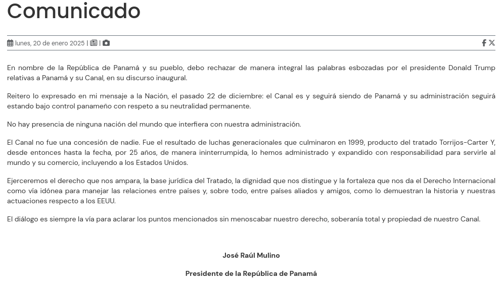 Снимок сообщения на presidencia.gob.pa