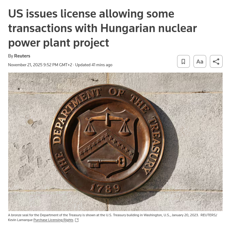 Снимок заголовка на reuters.com - США расширили освобождение Венгрии от санкций против России 
