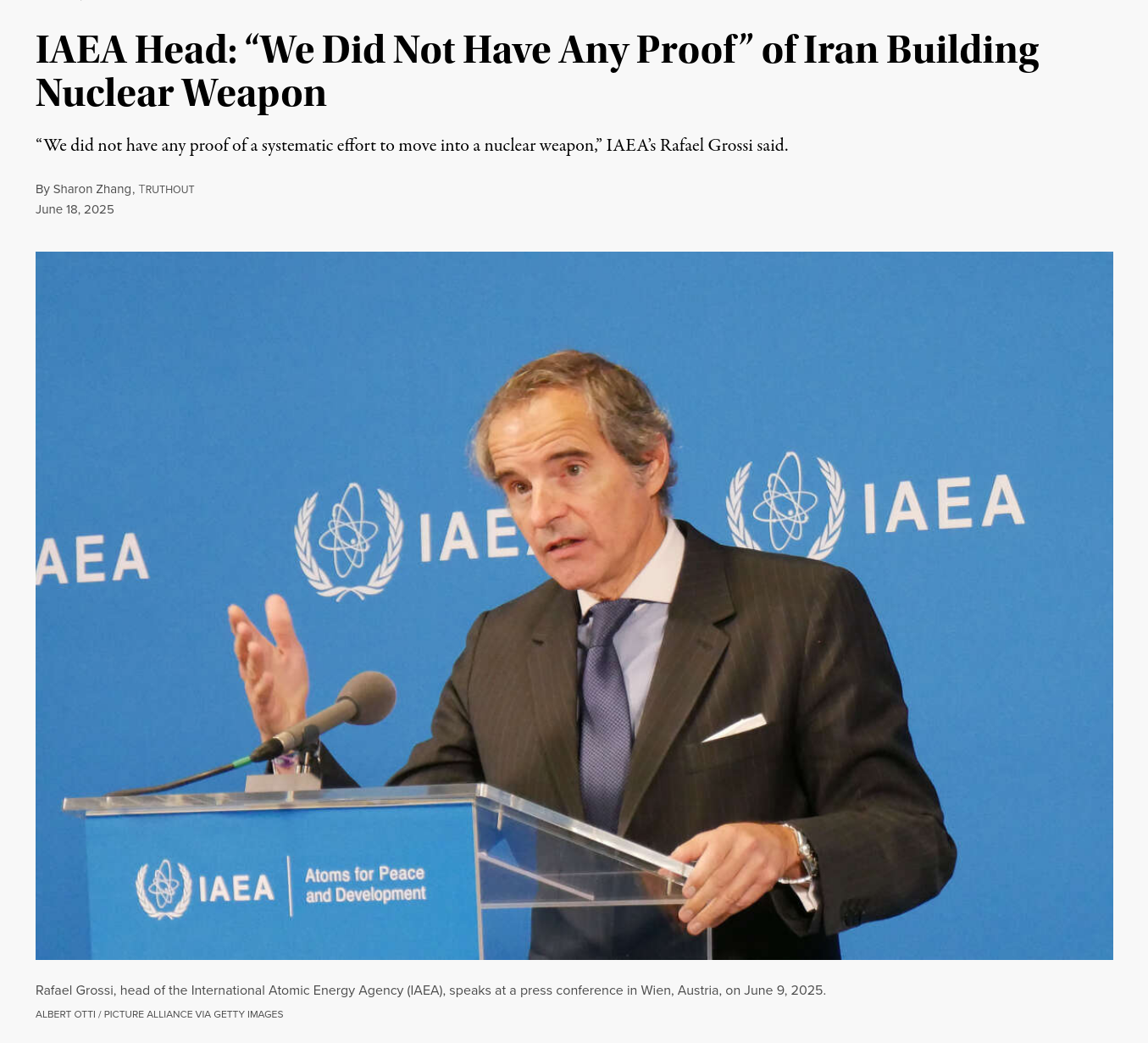 Знімок заголовка на truthout.org – МАГАТЕ не виявило у Ірану ядерної зброї