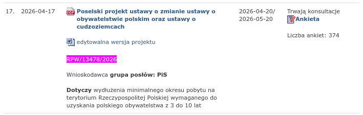 Снимок номера законопроекта на sejm.gov.pl &ndash; Польша ужесточает наказания иностранцев за нарушения