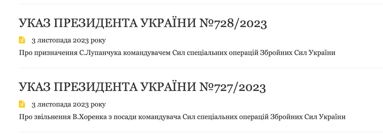 Снимок заголовков указов на president.gov.ua
