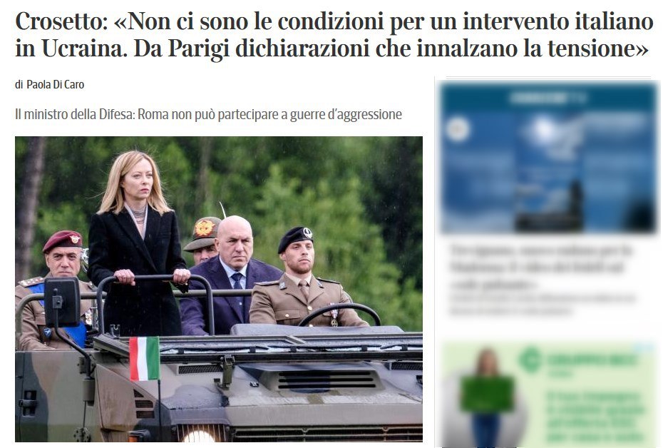Снимок заголовка в Corriere della Sera