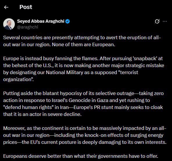 Знімок повідомлення в Х - глава МЗС Ірану Аббас Аракчі заявив про розпалювання Європою конфлікту на Близькому Сході