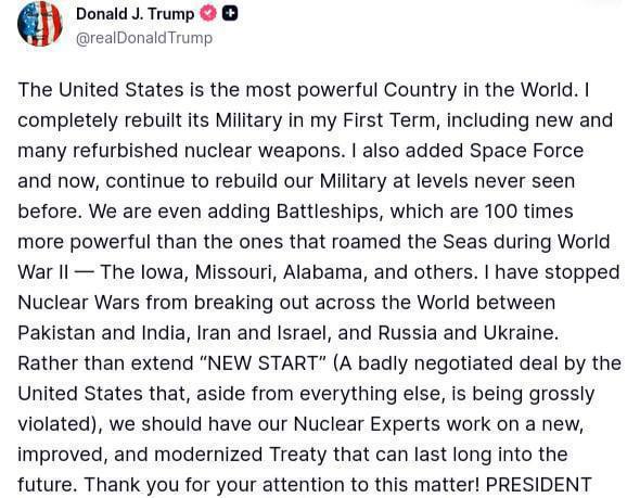Снимок сообщения на truthsocial.com - Трамп поручил разработать новый договор о нераспространении ядерного оружия