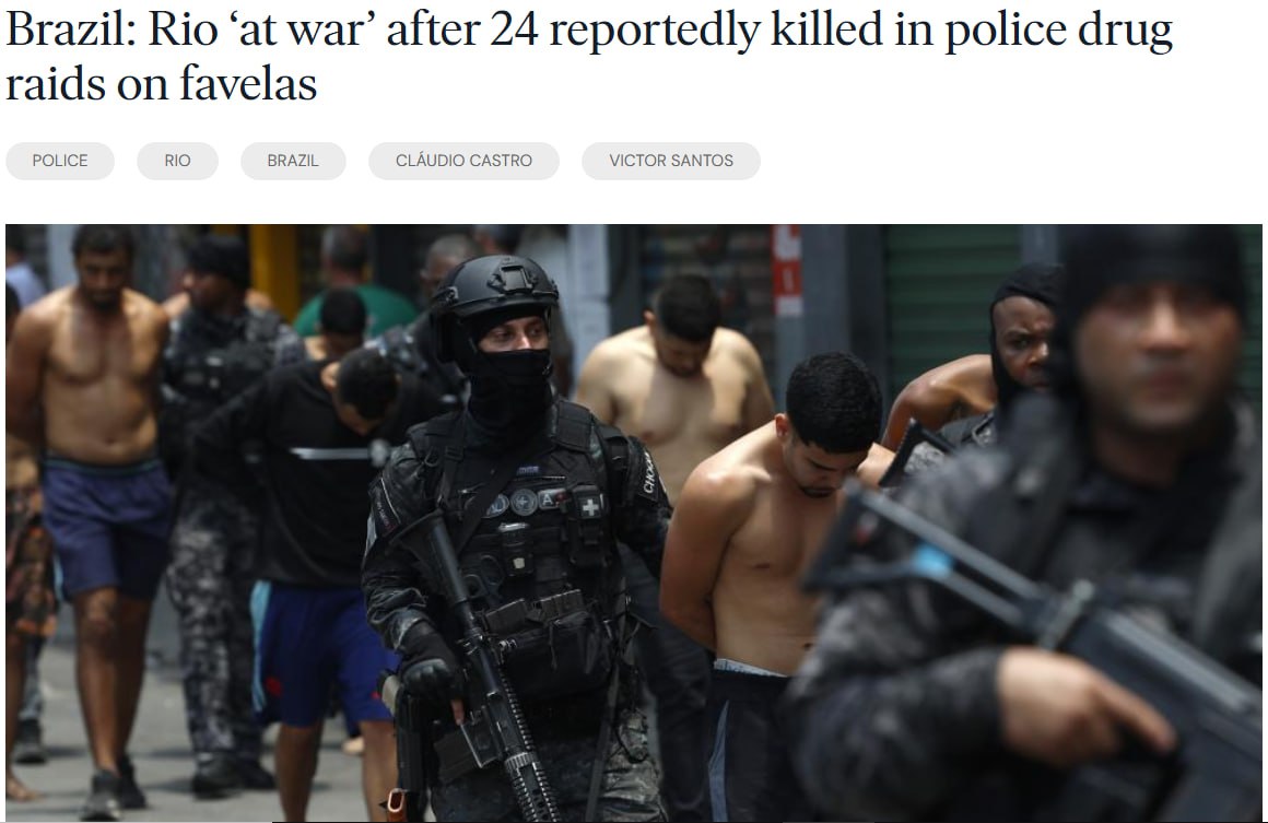 Снимок заголовка на theguardian.com - в Рио-де-Жанейро идут массовые вооружённые столкновения наркоторговцев с полицией